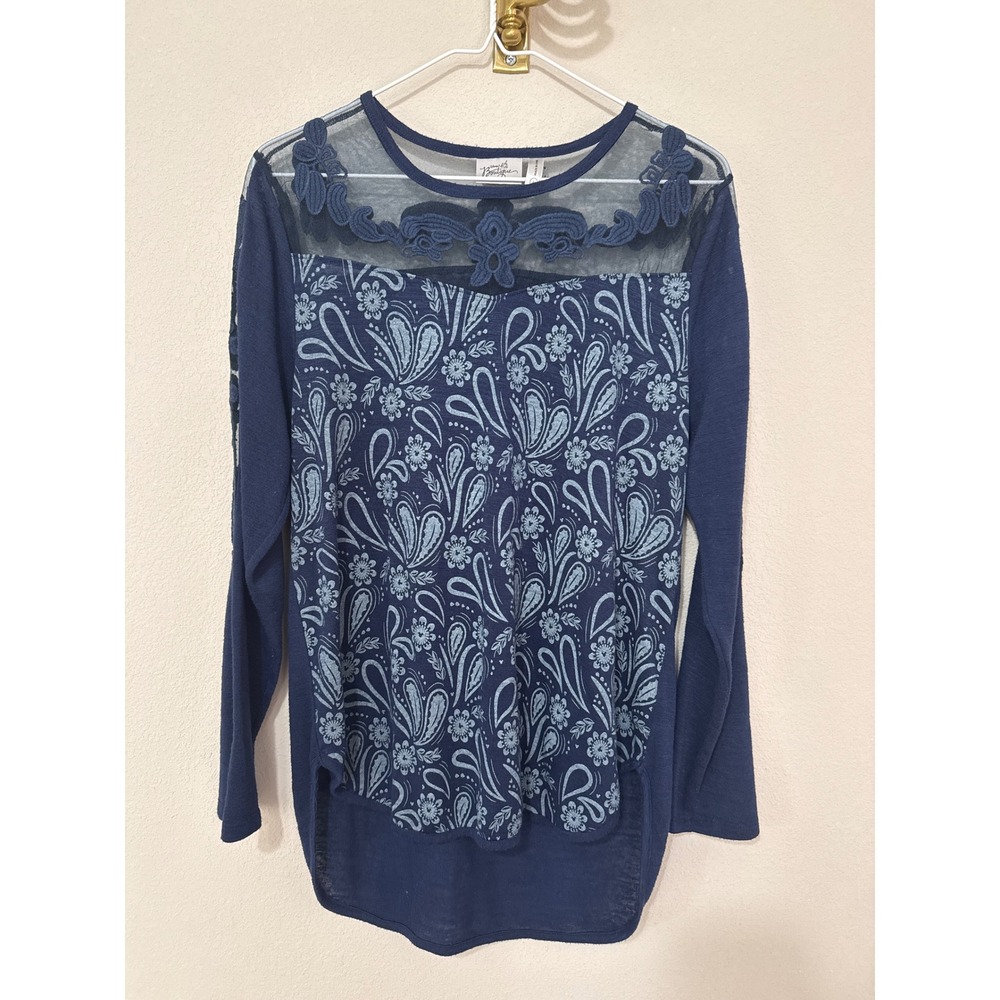 Disney Boutique Top Womens‎ Large Blue Paisley Mesh Lace Long Sleeve High Low